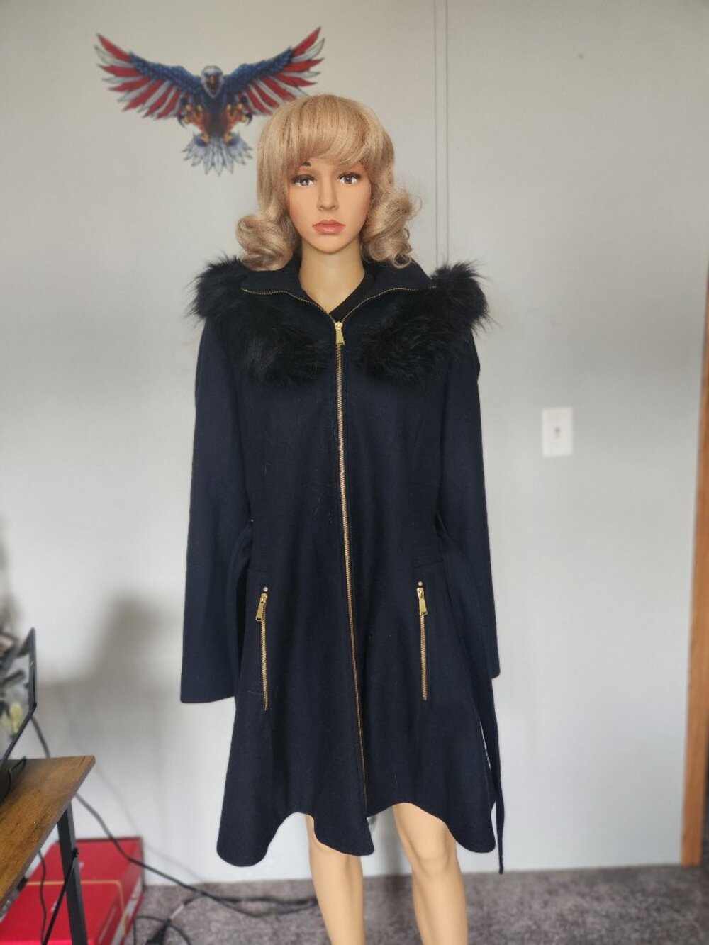 #805 Wool blend/ faux fur trimmed hood coat